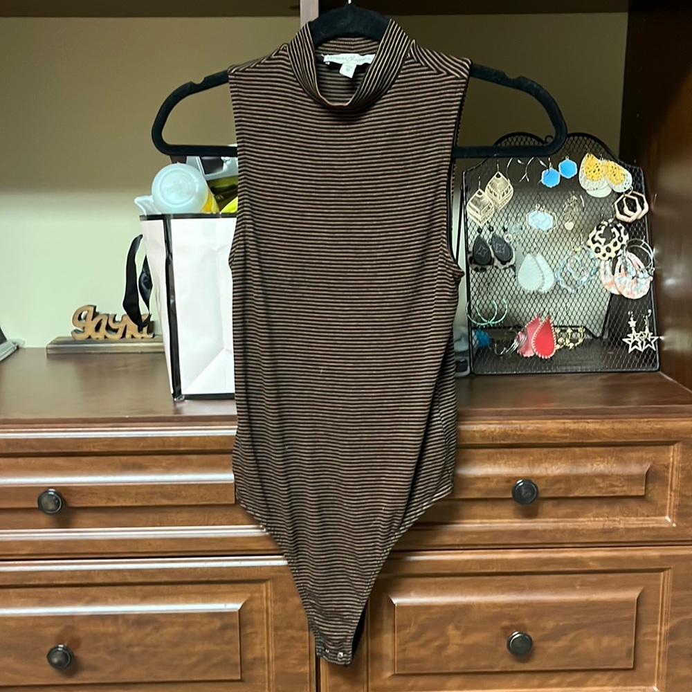 Women’s black and brown striped bodysuit.